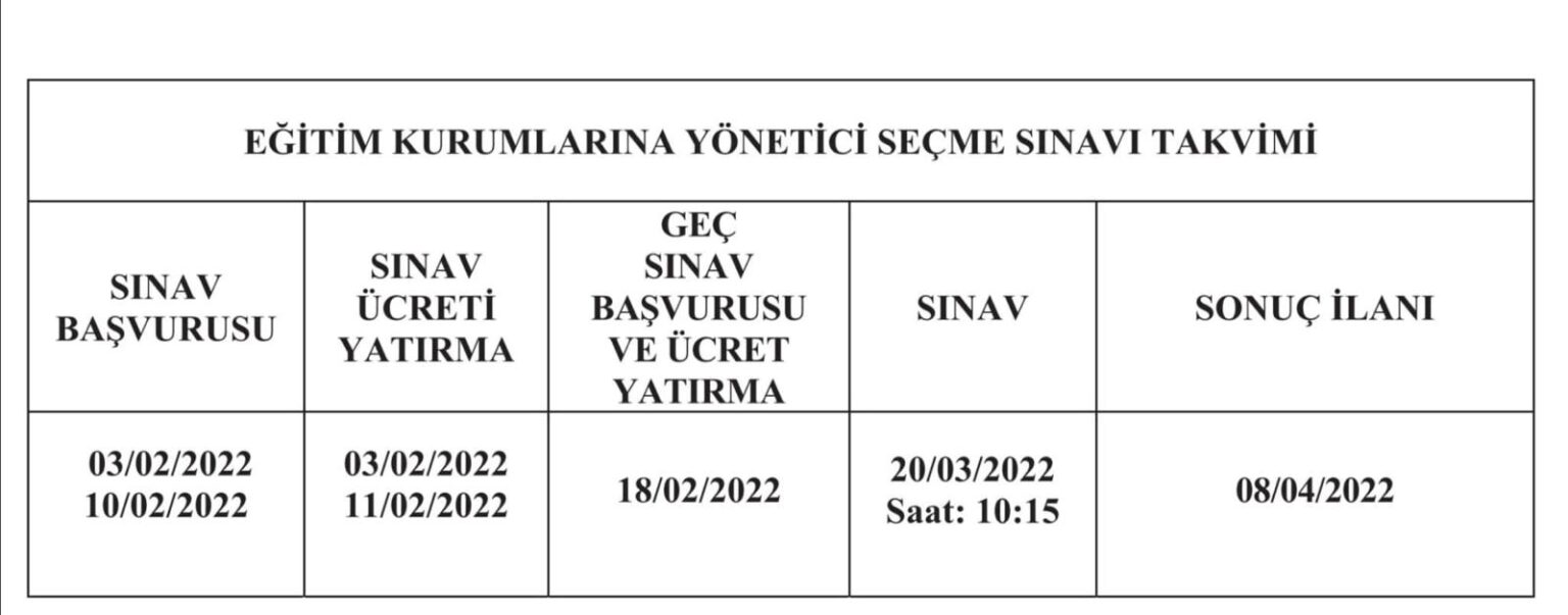 Eğitim Kurumlarına Yönetici Seçme Sınav Takvimi